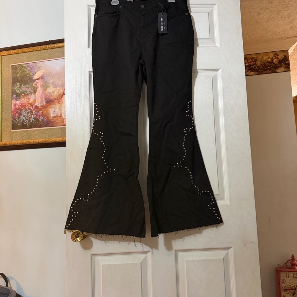 Chico's Black Flare Pants with Stud Accents.   Jean